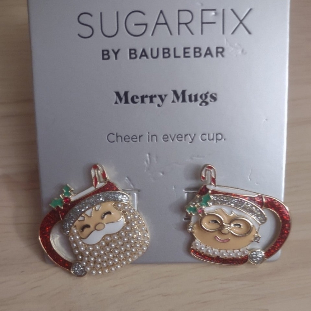 Sugarfix Baublebar Christmas Santa Ms Claus Mug Gold Pearl Enamel Earrings